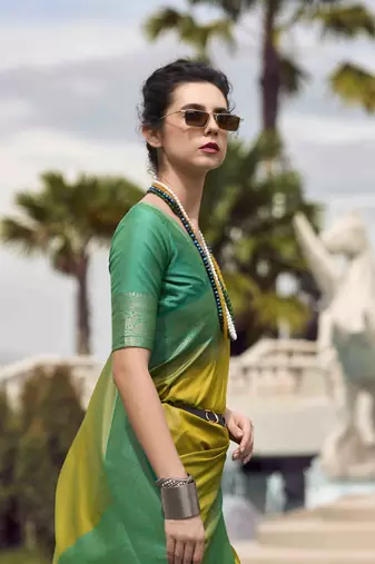 Neon silk blend saree with unstitched blouse piece