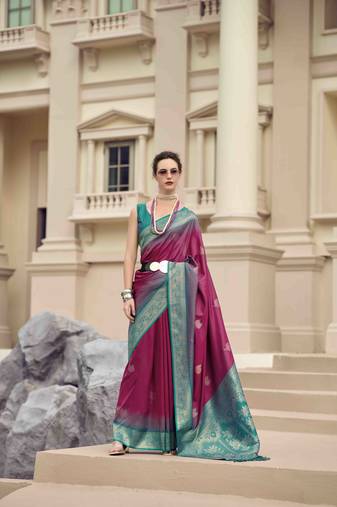 Wine silk blend saree with unstitched blouse piece
