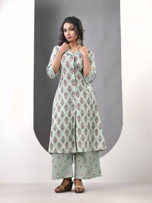 Mint green cotton printed a-line kurta set 1
