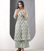 Mint green cotton printed a-line kurta set