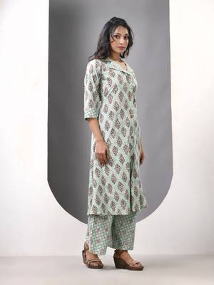 Mint green cotton printed a-line kurta set 2