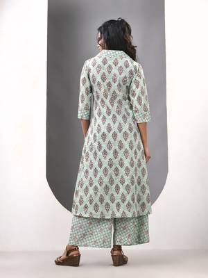 Mint green cotton printed a-line kurta set 3