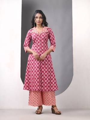Dark red cotton printed a-line kurta set 1