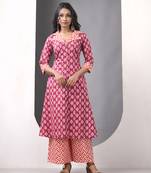Dark red cotton printed a-line kurta set
