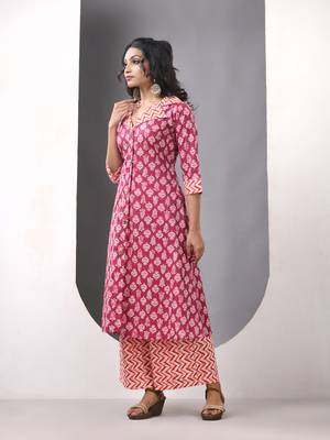Dark red cotton printed a-line kurta set 2
