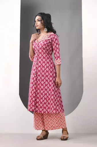 Dark red cotton printed a-line kurta set