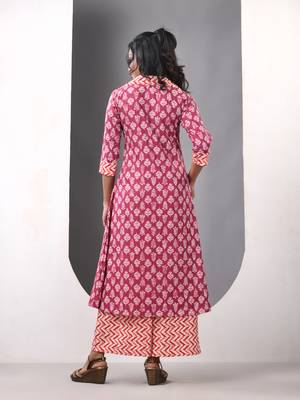 Dark red cotton printed a-line kurta set 3