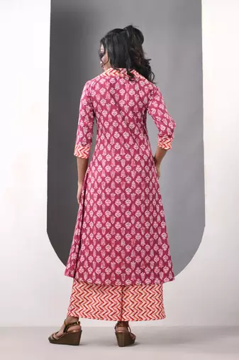 Dark red cotton printed a-line kurta set