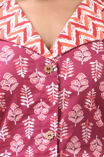 Dark red cotton printed a-line kurta set