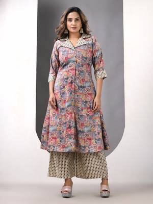 Grey modal printed a-line kurta set 1