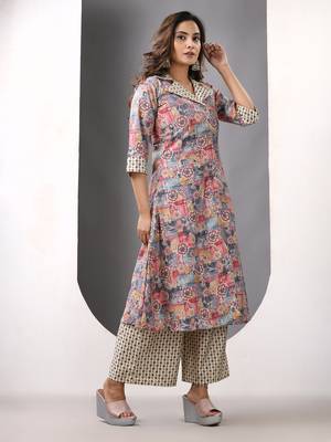 Grey modal printed a-line kurta set 2