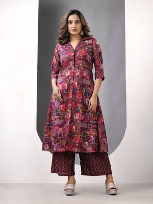 Magenta modal printed a-line kurta set 1