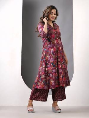 Magenta modal printed a-line kurta set 2