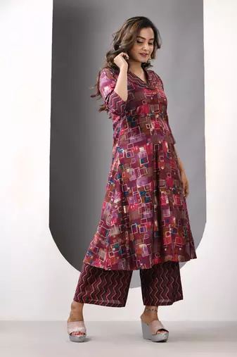 Magenta modal printed a-line kurta set