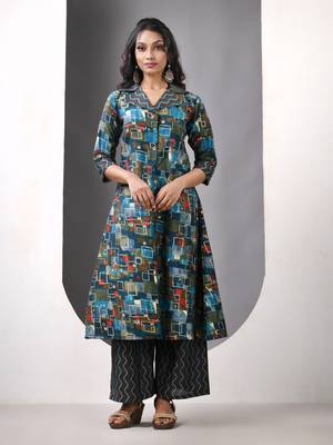 Teal modal printed a-line kurta set 1