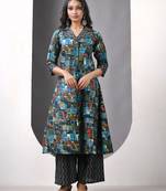 Teal modal printed a-line kurta set