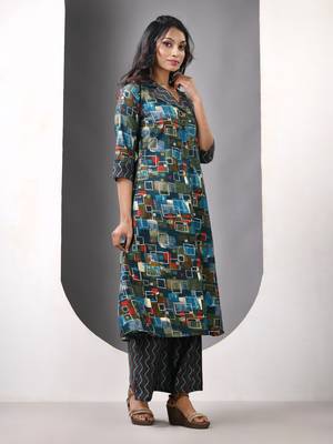 Teal modal printed a-line kurta set 2