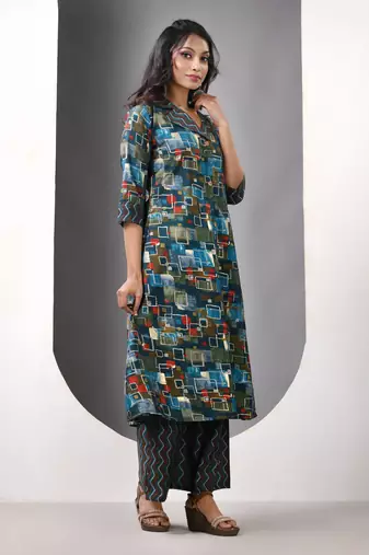 Teal modal printed a-line kurta set
