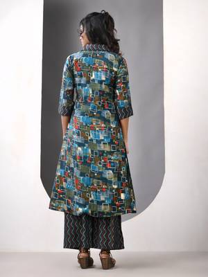 Teal modal printed a-line kurta set 3