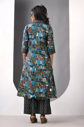 Teal modal printed a-line kurta set