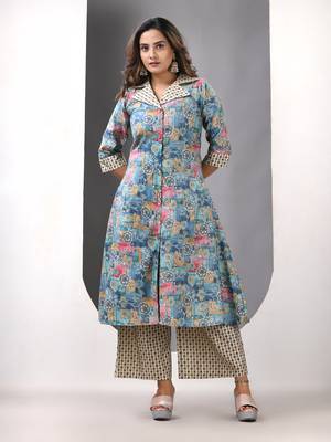 Sky blue modal printed a-line kurta set 1