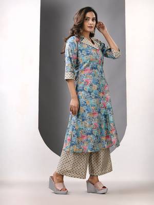 Sky blue modal printed a-line kurta set 2