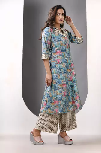 Sky blue modal printed a-line kurta set