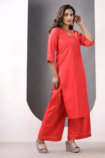 Red rayon suit set with gotta patti work