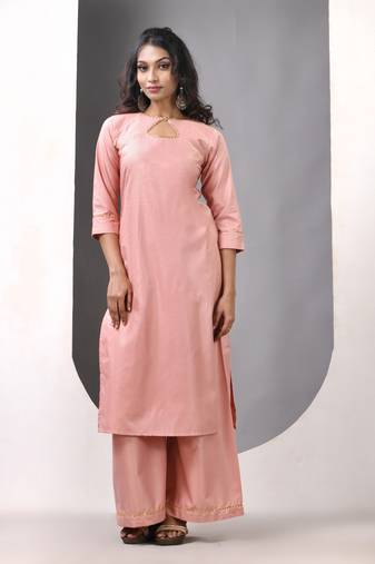 Nude pink rayon suit set with gotta patti work