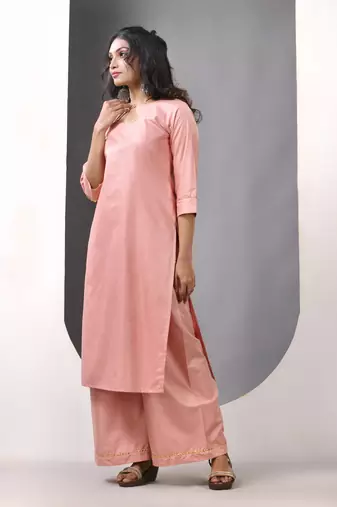 Nude pink rayon suit set with gotta patti work