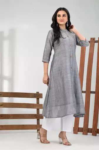 Grey cotton solid a-line kurta set