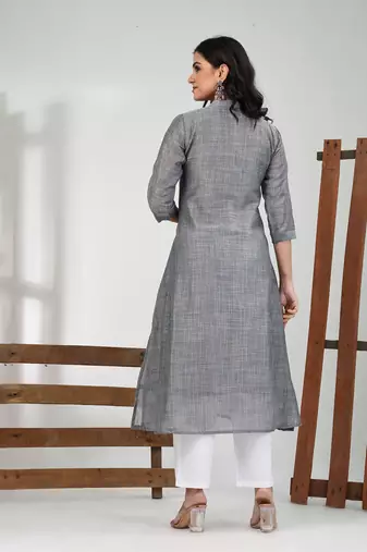 Grey cotton solid a-line kurta set