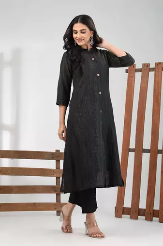 Black cotton solid a-line kurta set