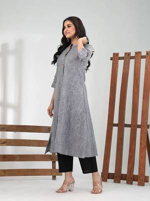 Grey cotton solid a-line kurta set 2
