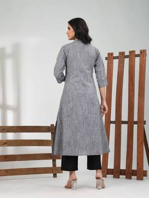 Grey cotton solid a-line kurta set 3