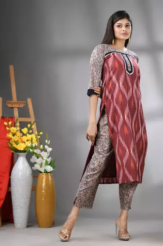Brown cotton printed stright kurta set