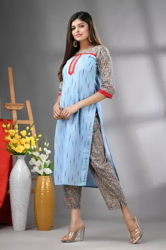 Sky blue cotton printed stright kurta set