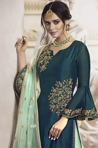 Crystal teal rangoli georgette semi stitched wedding sharara suit