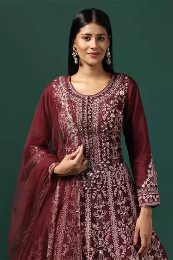 Maroon embroidered anarkali with dupatta