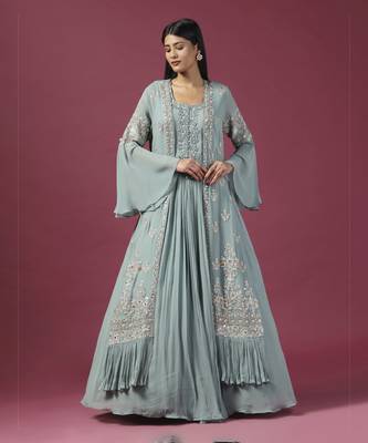 Sea green anarkali/gown with cape 1