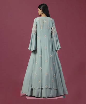 Sea green anarkali/gown with cape 2