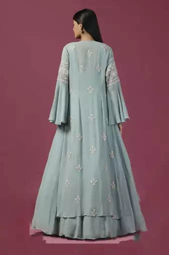 Sea green anarkali/gown with cape