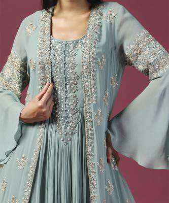 Sea green anarkali/gown with cape 3