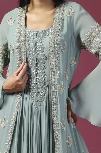 Sea green anarkali/gown with cape