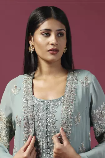 Sea green anarkali/gown with cape