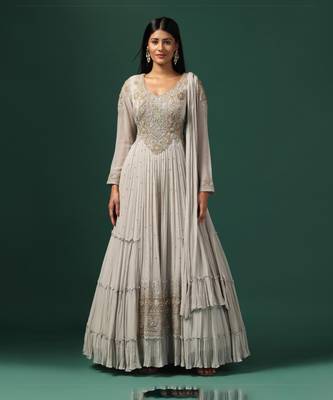 Grey anarkali gown with dupatta 1