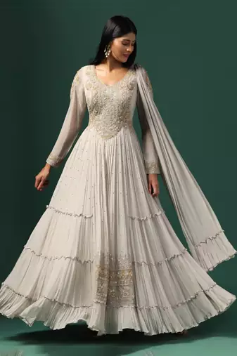 Grey anarkali gown with dupatta