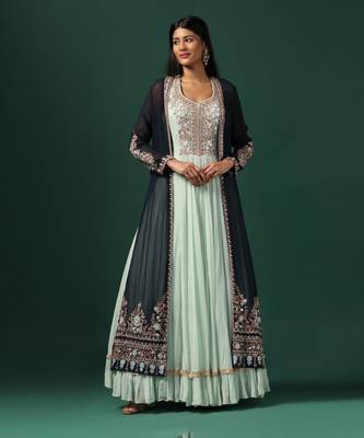Sea green anarkali gown with blue cape 1
