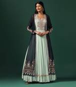 Sea green anarkali gown with blue cape
