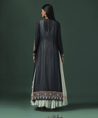 Sea green anarkali gown with blue cape 2
